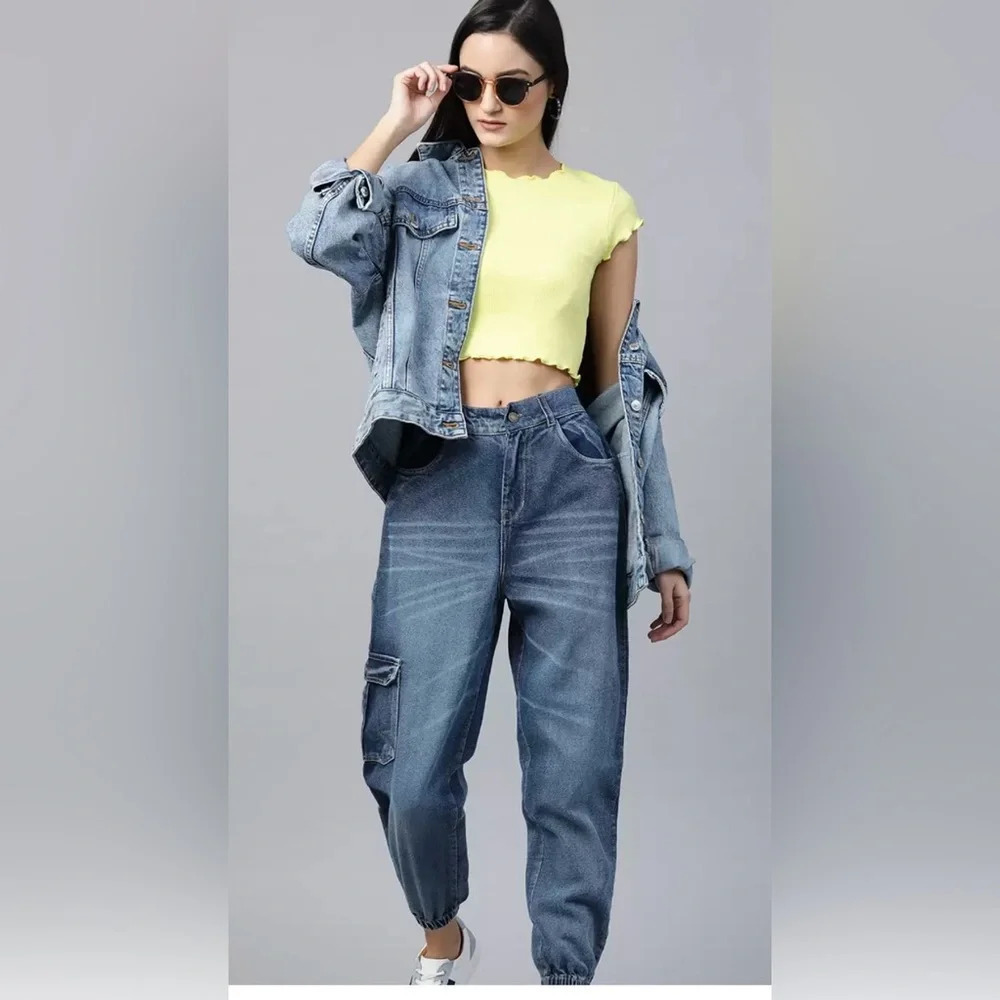 SASSAFRAS Women Blue Pure Cotton Jogger High-Rise size Large